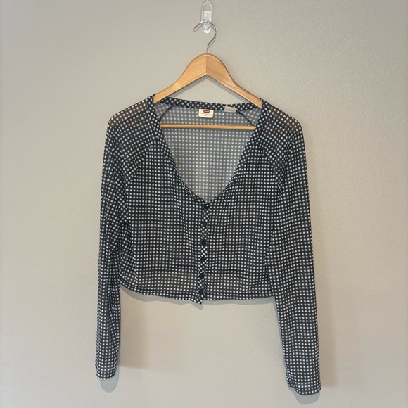 LEVI’S Women’s Long Sleeve Cropped Black & White Buffalo Check Sheer Blouse XL - Picture 1 of 8